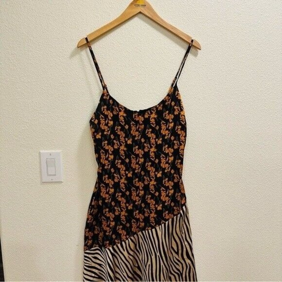 Lulu’s Gold Mine Black Multi Print Satin Asymmetrical Midi Dress Size Medium - Picture 3 of 12